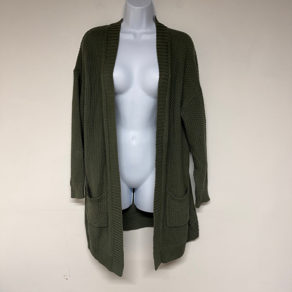 Gap Women Medium Chunky Knit Cardigan Sweater Olive Green Cotton Open Front